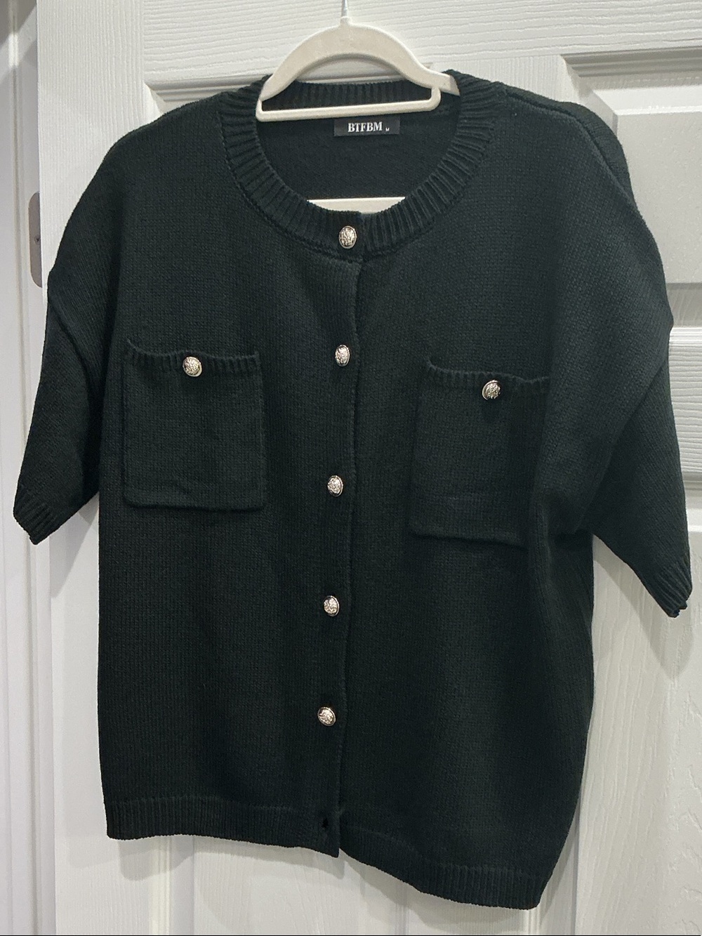BITFEM Black Short-Sleeve Button-Front Knit Cardigan
